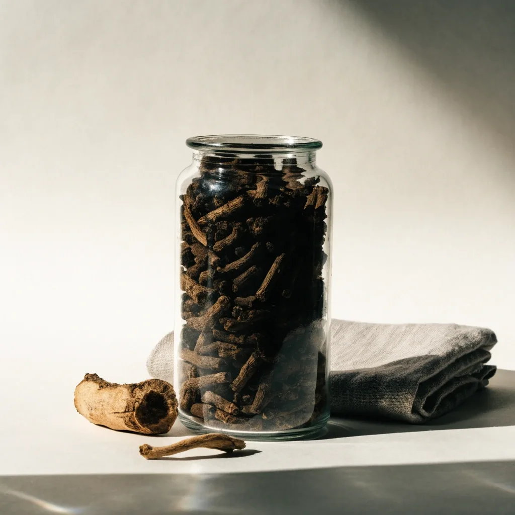 A single glass jar of dried roots standing alone on warm grey paper under side light