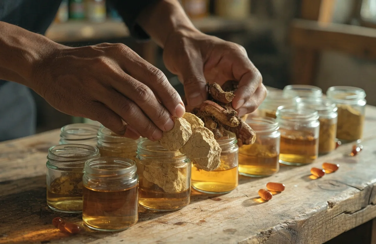 Bench top with amber glass bottles and botanical root jars under hard diagonal light