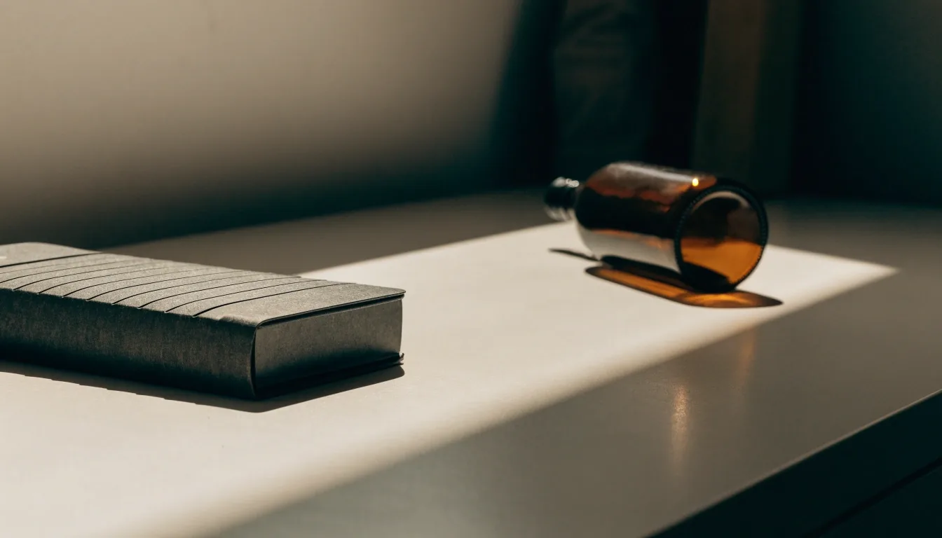 A warm off-white desk surface at the end of a working day with a closed weekly supplement organiser and one unmarked amber glass bottle lit by a single hard side light