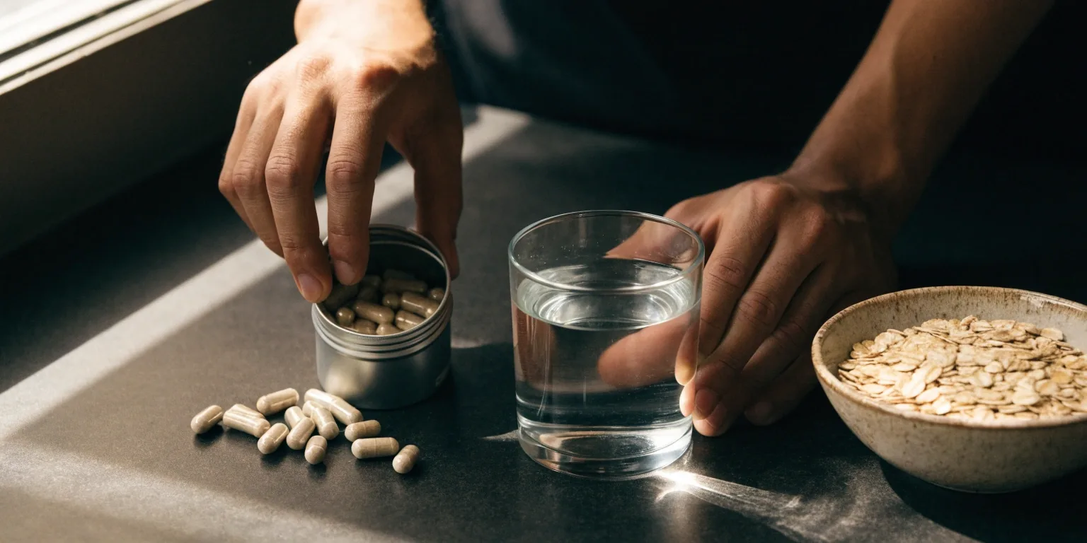 A glass of water, a small bowl of oats and a closed weekly organiser on a dark countertop under one hard band of window light