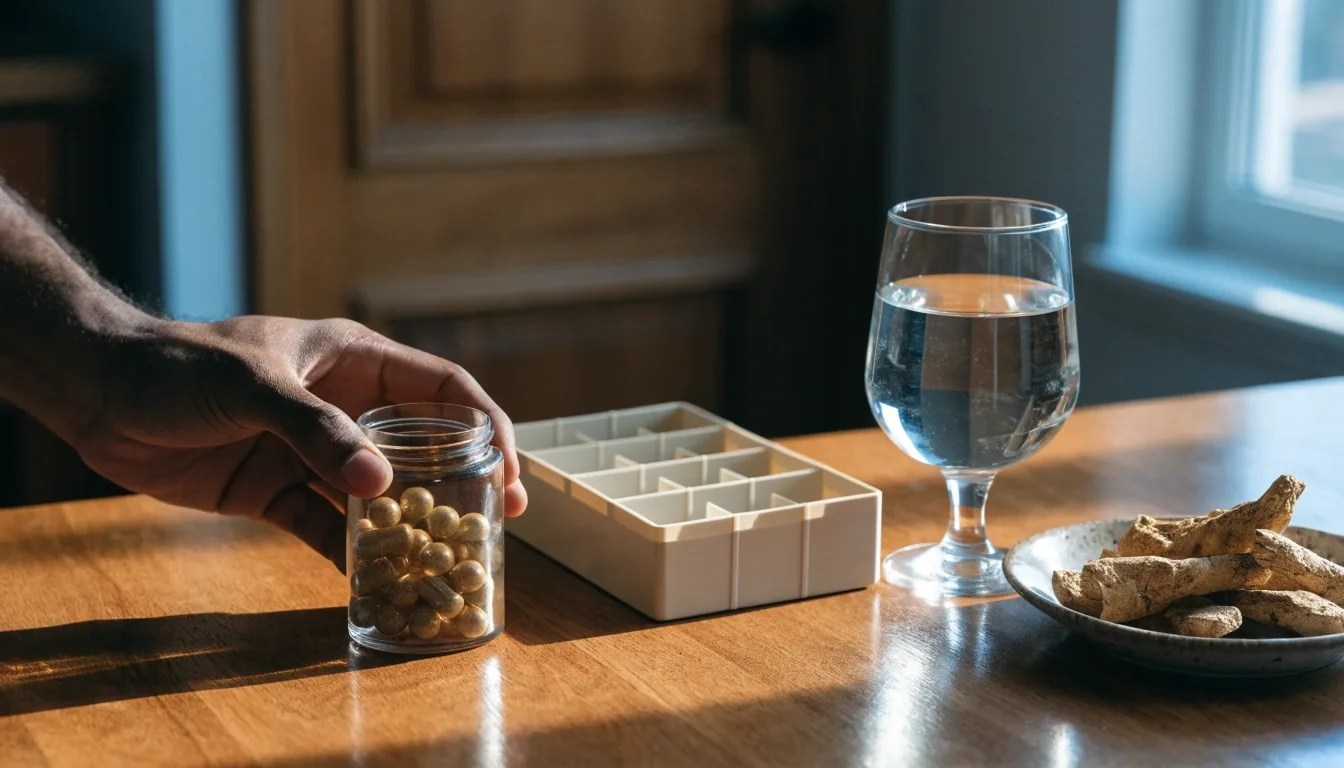 A hand placing an unmarked jar of botanical capsules beside an open weekly organiser and a glass of water on a kitchen counter in hard morning window light
