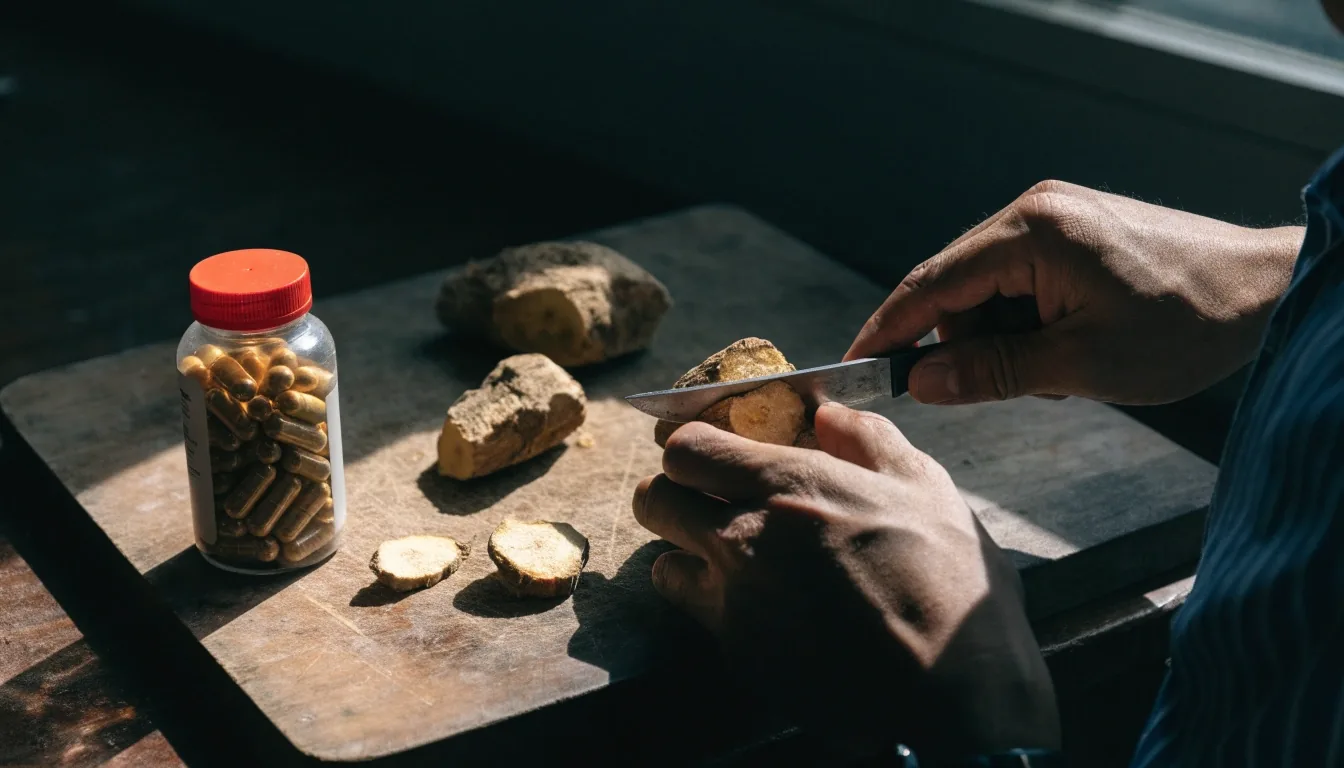 Amber bottle beside dried botanical root slices and a mortar under hard side light