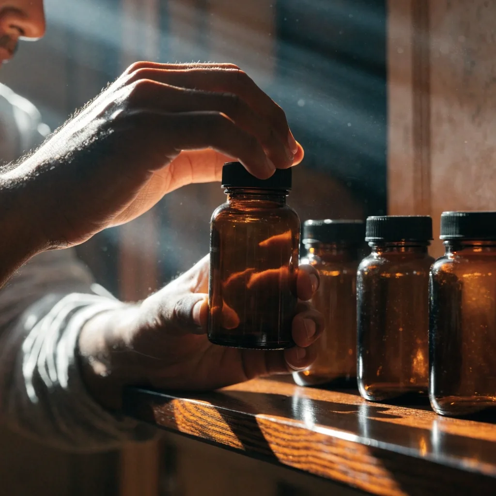 Three unmarked amber supplement bottles in a row on a dark shelf under hard raking light