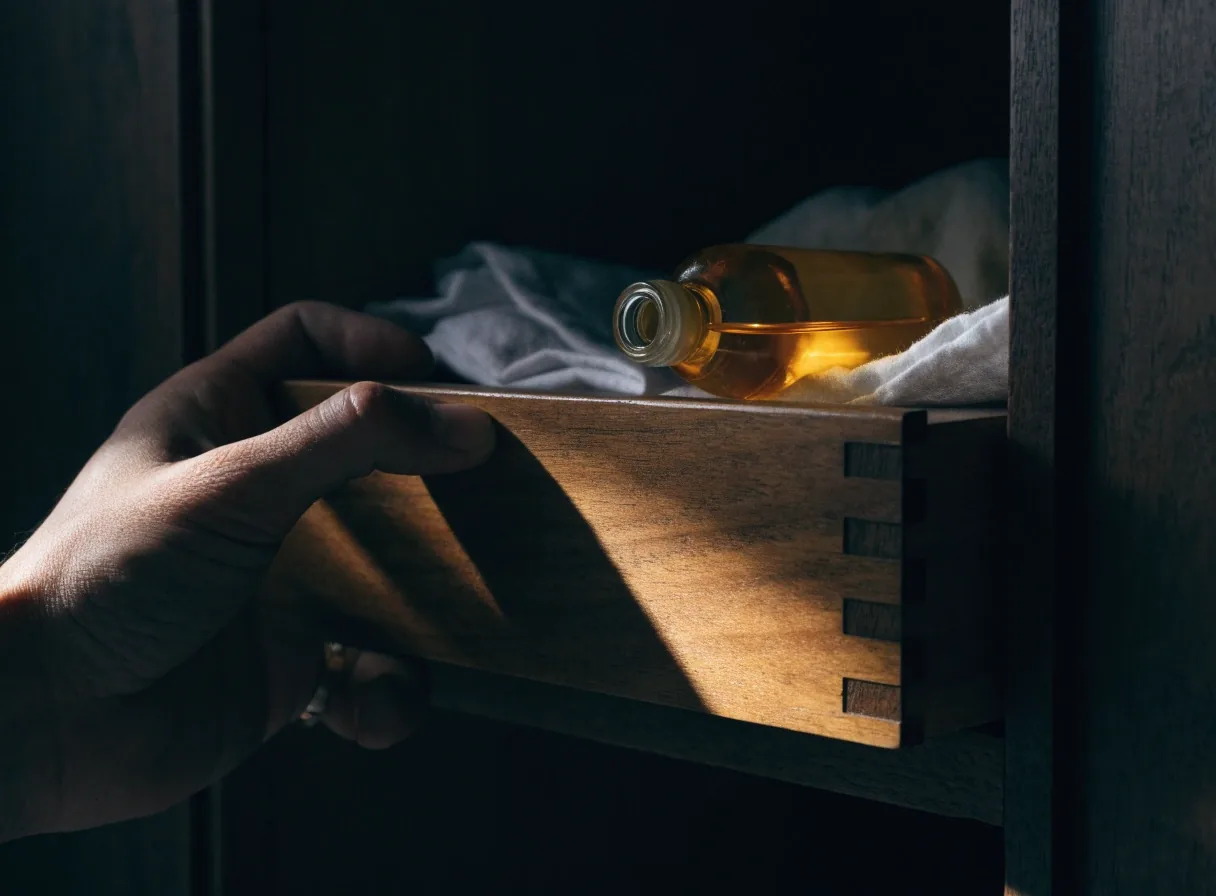 A closed drawer holding an unmarked amber bottle out of sunlight, one side of it lit