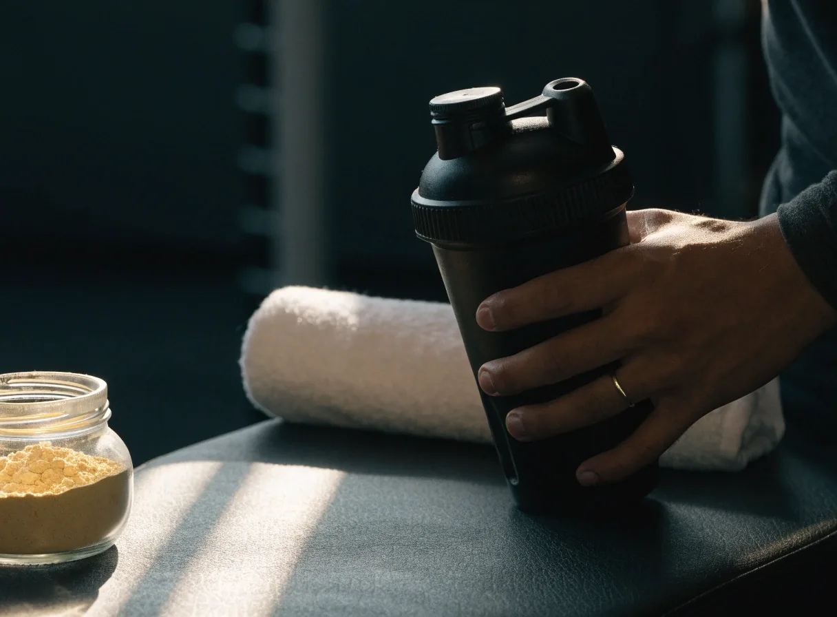 A shaker bottle and a small jar of powder resting on a dark bench after training