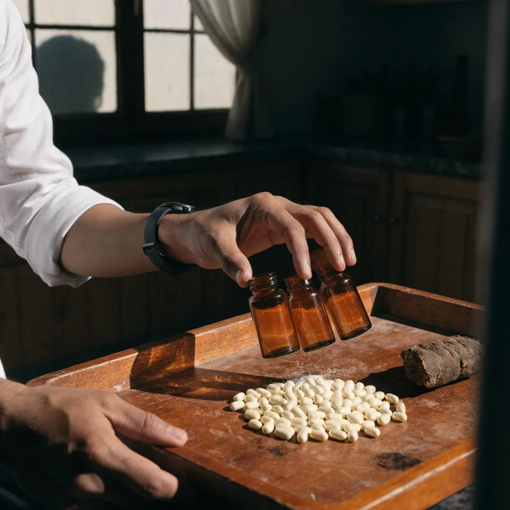 Three unmarked bottles standing inside an open drawer under a hard band of daylight