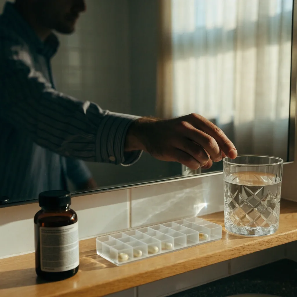 A glass of water and a small lit capsule silhouette beside an open organiser on a dark counter