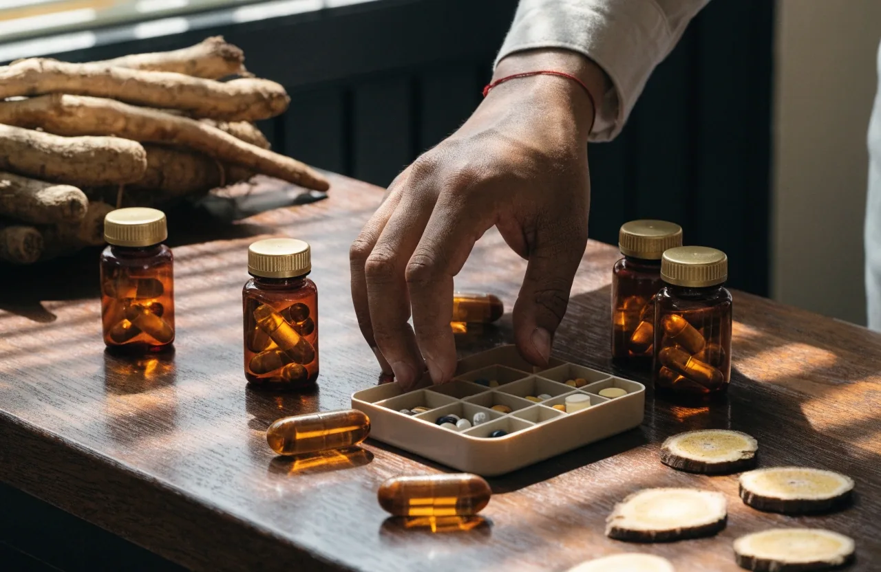 A dark bench top lit by hard daylight stripes, with amber bottles, a weekly organiser and botanical roots laid out