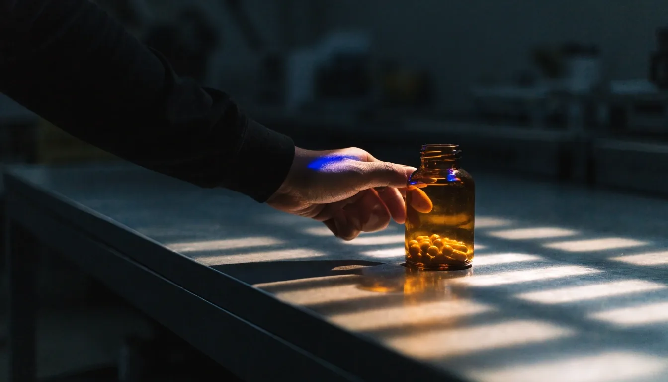 A man's forearm reaching toward an amber glass bottle on a hard-lit bench counter