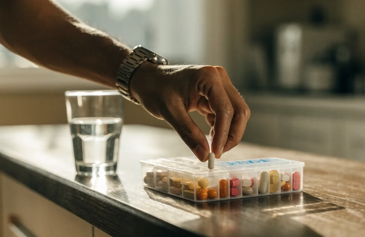 An open weekly compartment organiser, a glass of water and three unmarked capsules on a dark counter