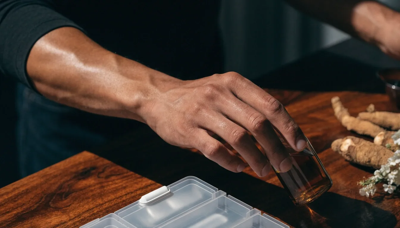 A forearm reaching across a dark counter toward an unlabeled amber bottle beside an open weekly compartment organizer