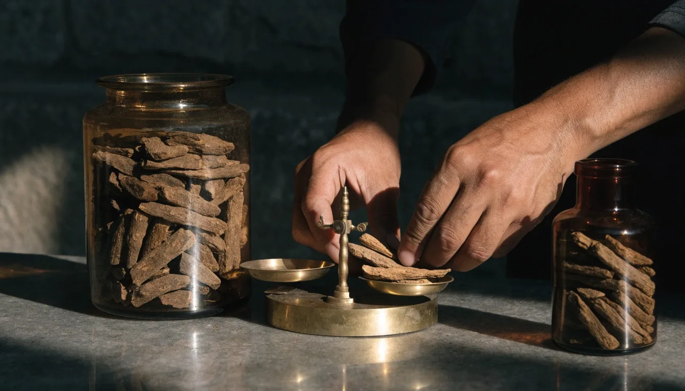 An overhead view of unmarked supplement vessels at different scales beside a dish of maca powder and a dried ginseng root under one hard side light