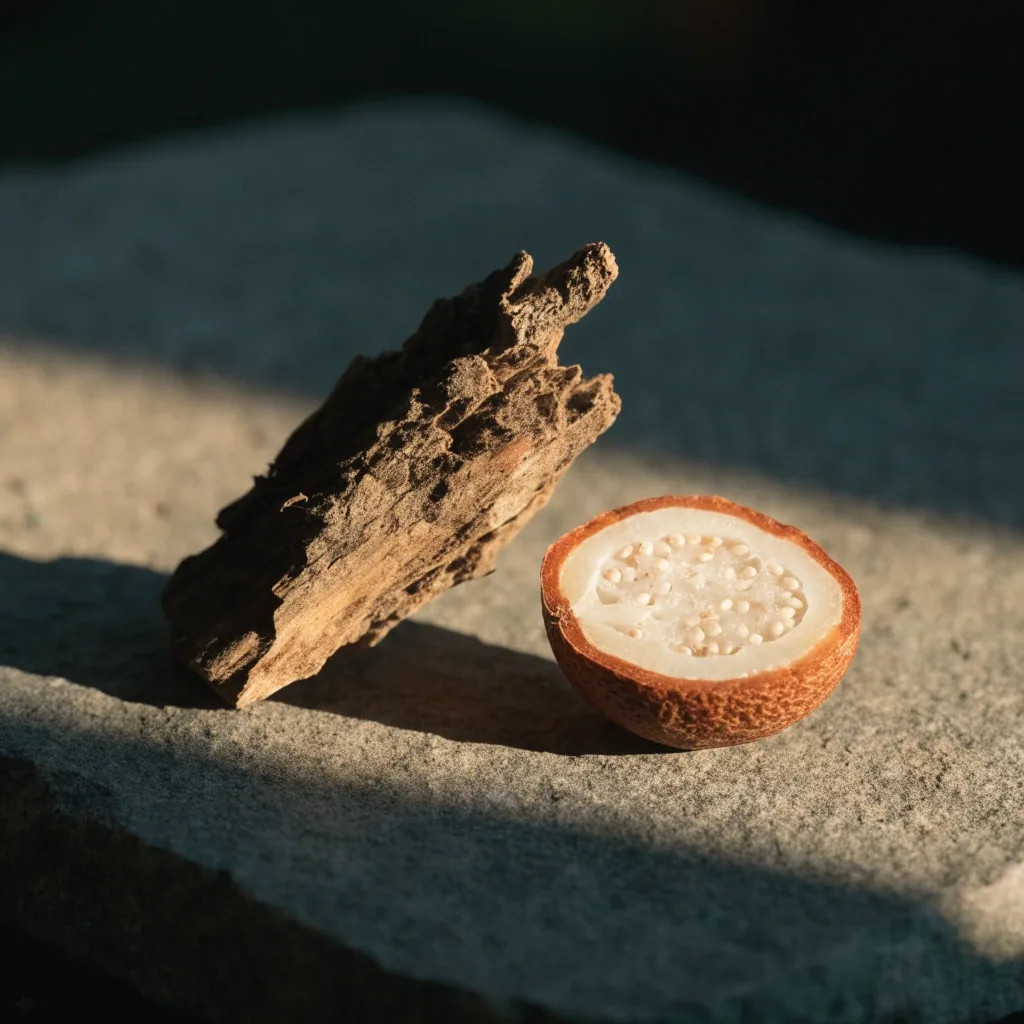 A dried tongkat ali shard and a halved saw palmetto berry side by side on a warm grey surface under hard side light