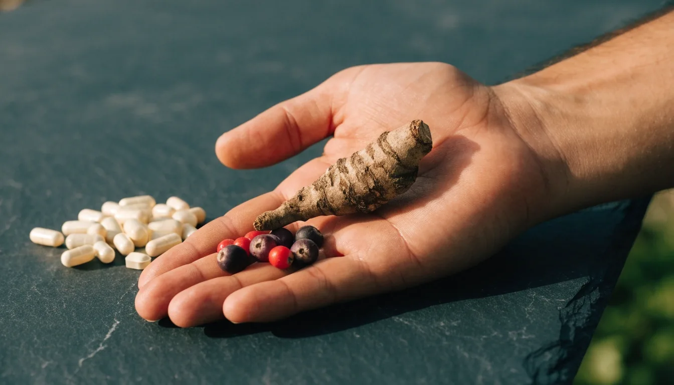 A single dried ginseng root on a warm grey surface, cut by one hard band of side light