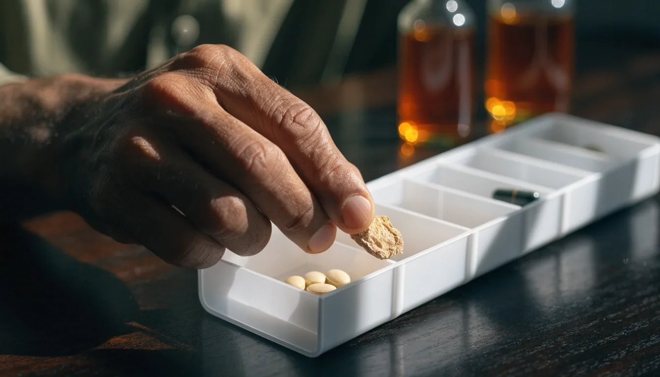 An open seven-compartment weekly organiser and unlabeled amber bottles on a dark bench, sliced by one diagonally raking light band