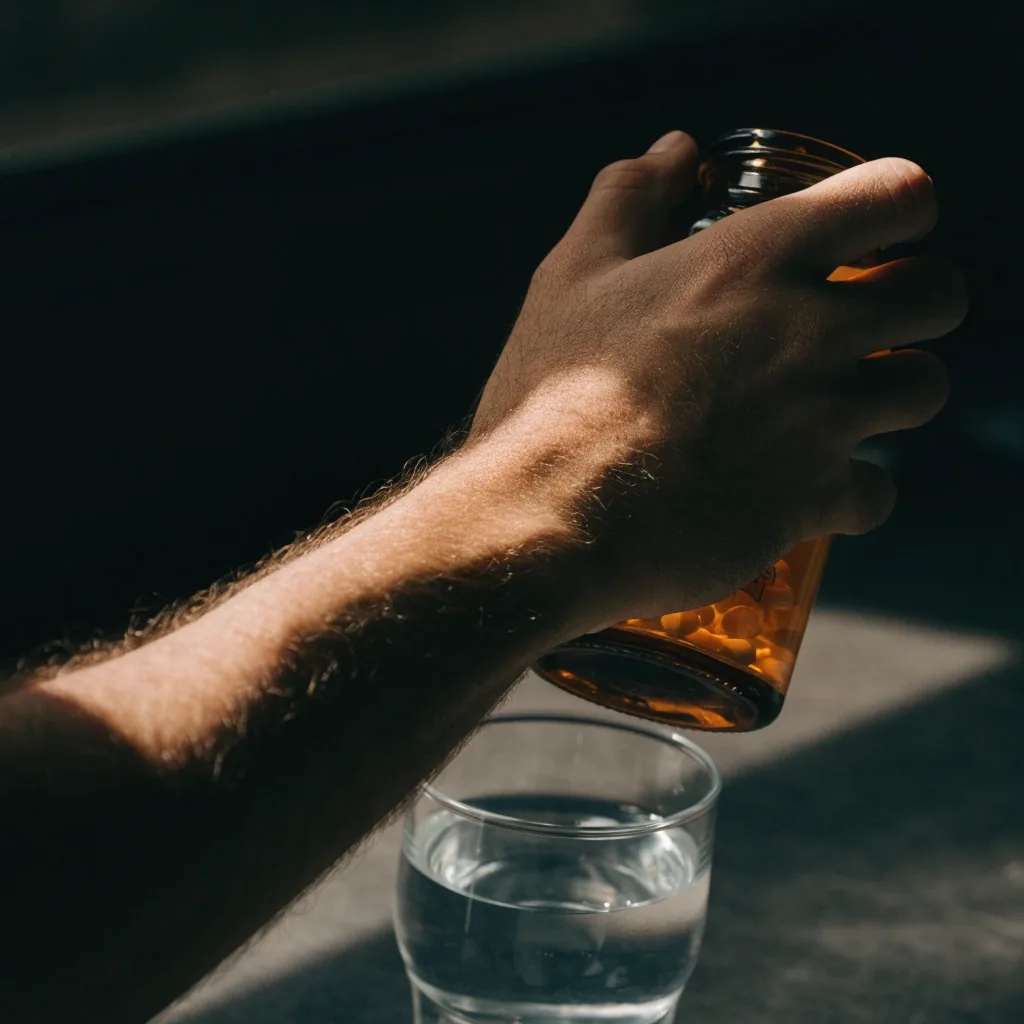 A hand turning an unlabelled amber bottle on a dark bench beside a glass of water, cut by one hard band of light