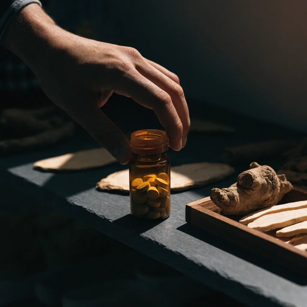Unlabelled amber bottles and drying botanical roots arranged on a dark bench under one hard band of light
